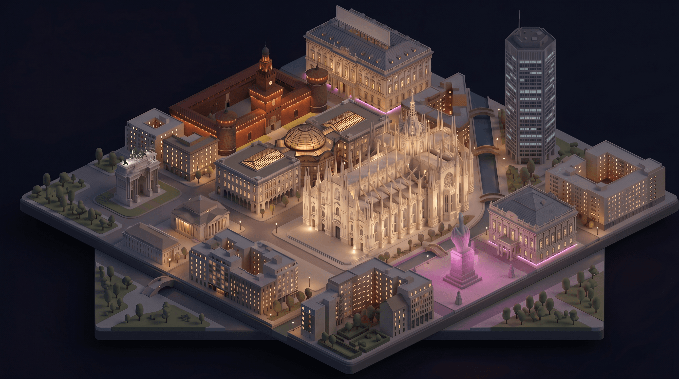 Mappa illustrata 3D notturna delle location Élite Society Club a Milano